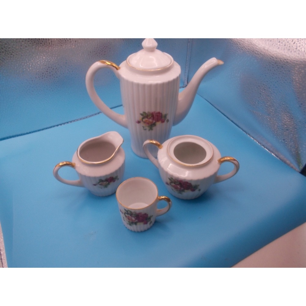 Vintage Halsey Fifth Japan Miniature Tea Set Porcelain Rose Floral Gold Trim 4pc